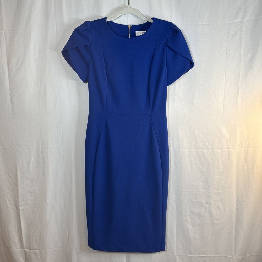 Calvin Klein Womens Royal Blue Tulip Puff Sleeve Round Neck Sheath Dress Size 4 - Picture 1 of 11